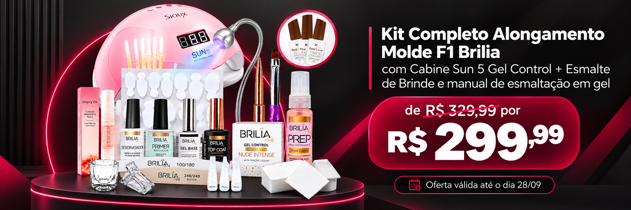 Kit completo alongamento Molde F1 Brilia com cabine, gel, esmalte e manual por R$ 299,99, oferta até 28/09
