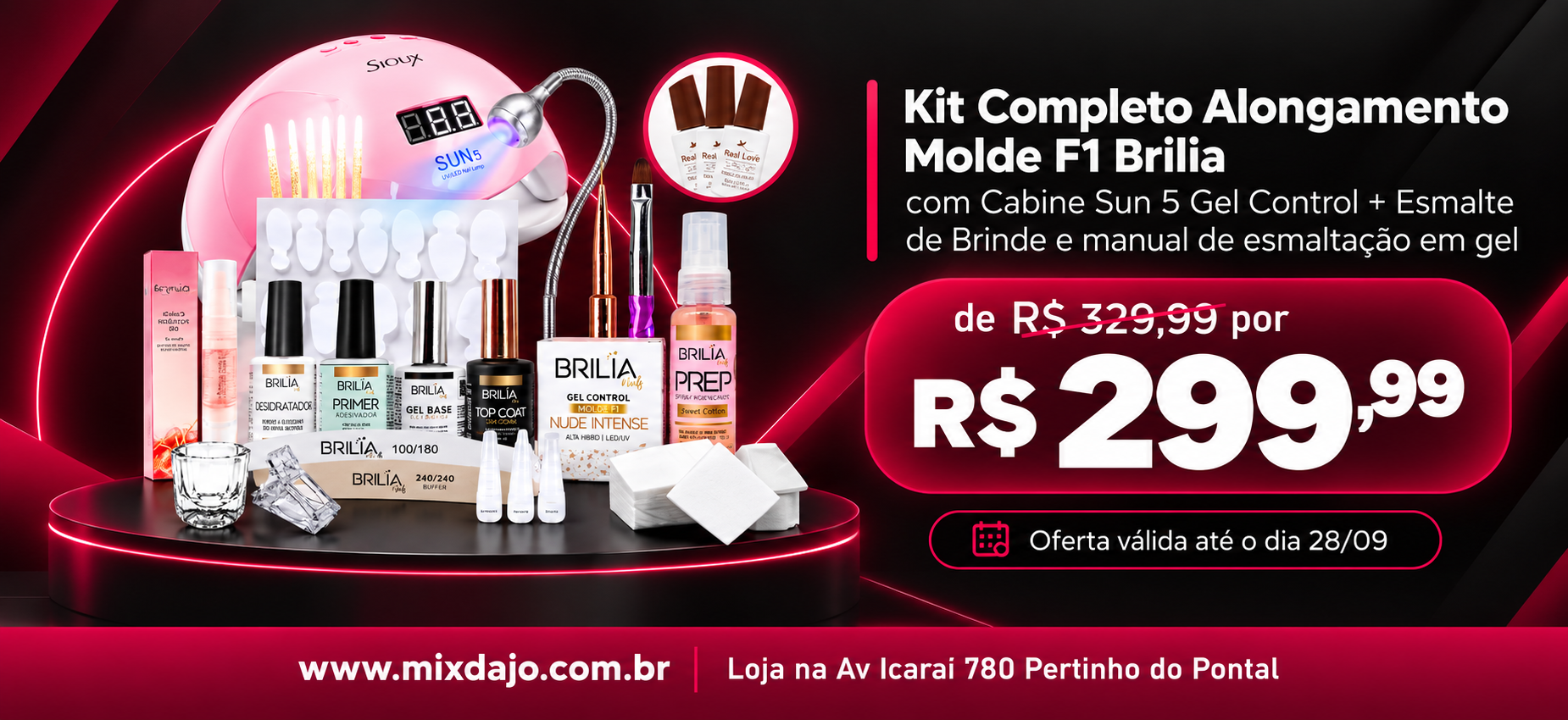 Kit completo alongamento Molde F1 Brilia com cabine, gel, esmalte e manual por R$ 299,99, oferta até 28/09