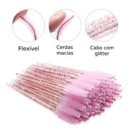 50 Bastões Escova Descartáveis para Cílios Rosa c/ Glitter