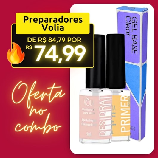 Combo desidrat, primer e capa base Vòlia para unhas