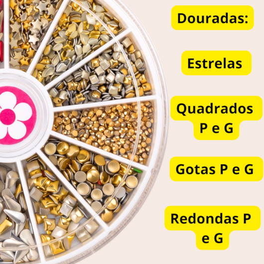 Disco de Tachinhas Douradas e Vermelhas Formatos Variados| Mix da Jo para unhas