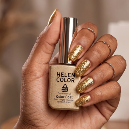 Esmalte em gel Dourado ouro com glitter Helen Color 12ml Conexão 6