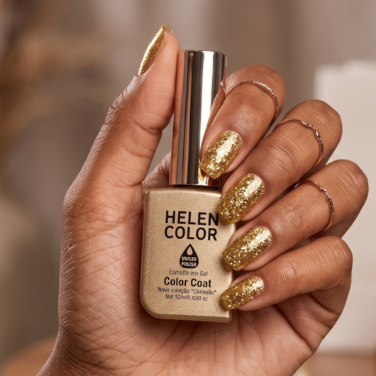 Esmalte em gel Dourado ouro com glitter Helen Color 12ml Conexão 6 para unhas