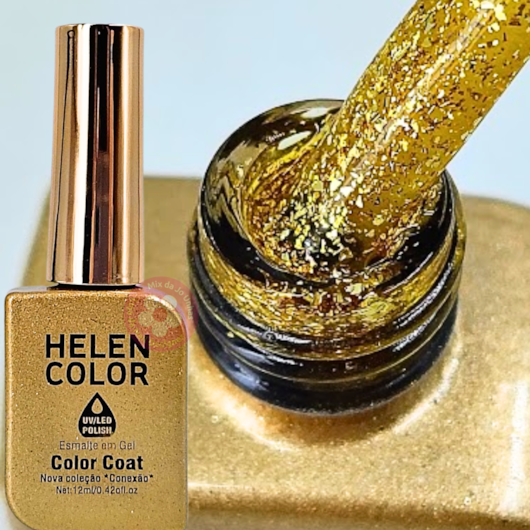 Esmalte em gel Dourado vitral com flake Ouro Helen Color Conexão 06 para unhas