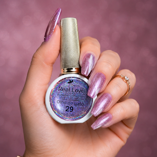 Esmalte em gel olho de gato Real Love Refletivo 29 Rosa Malva Magnético para unhas