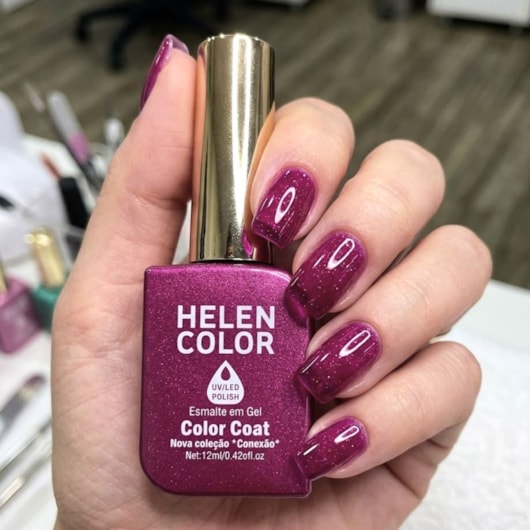 Esmalte em gel Rebu Pink Vinho com glitter Helen Color Conexão para unhas