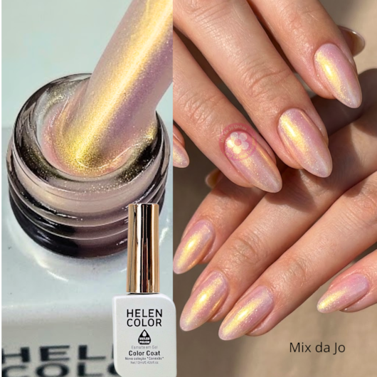 Esmalte em gel Renda Rosado perolado com efeito pó de fada dourado Conexão Helen Color 24 para unhas