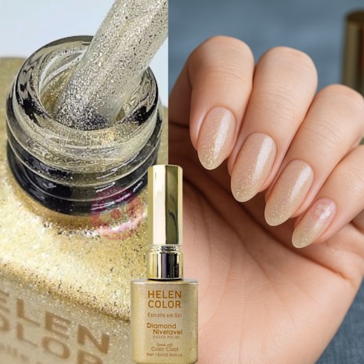 Esmalte em gel Transparente Dourado Glitter Diamond 15ml Helen Color para unhas