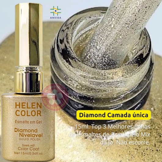 Esmalte em gel Transparente Dourado Glitter Helen Color 15ml Diamond 77 para unhas