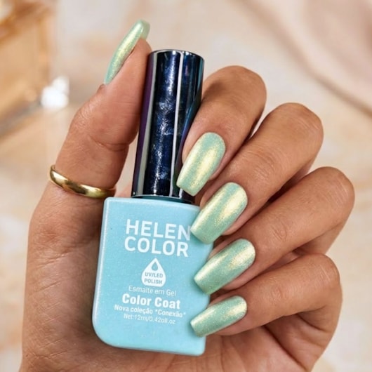 Esmalte em gel Verdinho com perolado dourado Helen Color 12ml Conexão para unhas