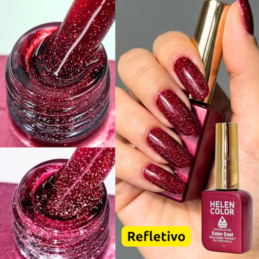 Esmalte em gel Vinho refletivo Glitter Helen Color 12ml Conexão 44 para unhas