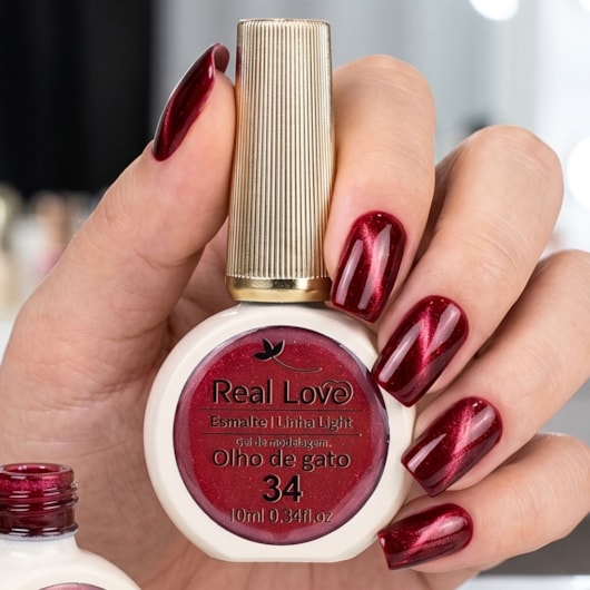 Esmalte gel olho de gato Real Love Refletivo 34 Vermelho rebu Magnético para unhas