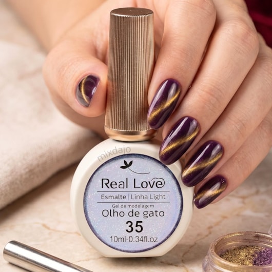 Esmalte gel olho de gato Real Love Refletivo 35 Dark Purple Magnético para unhas