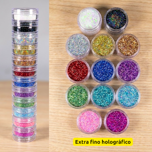 Glitter Holográfico Extra fino Torre 12 Cores 12g para unhas