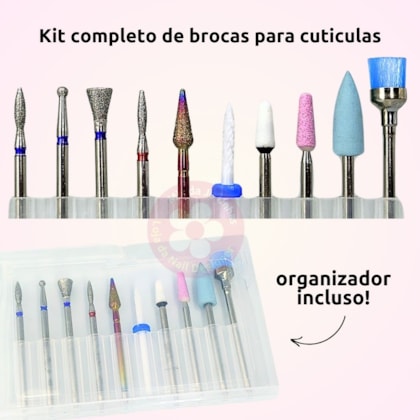 Kit 10 brocas para cutículas com organizador