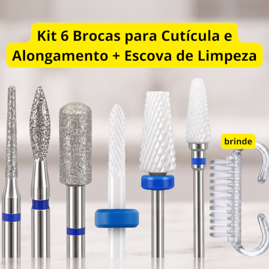 Kit 6 Brocas para Cutícula e Alongamento + Brinde Escova de Limpeza para unhas