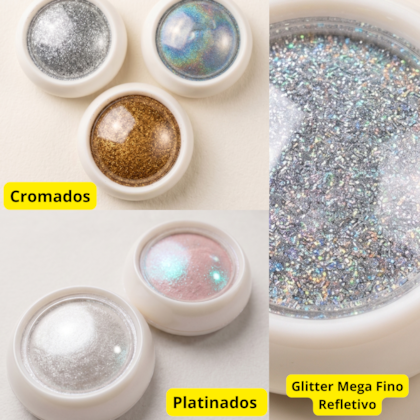 Kit 6 Pós Decorativos para Unhas: Cromado, Platinado e Glitter Refletivo Holográfico modelo: 240