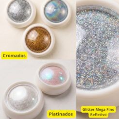 Kit 6 Pós Decorativos para Unhas: Cromado, Platinado e Glitter Refletivo Holográfico modelo: 240 Kit 6 Pós Decorativos para Unhas: Cromado, Platinado e Glitter Refletivo Holográfico modelo: 240