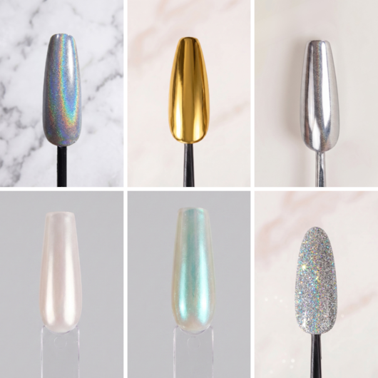 Kit 6 Pós Decorativos para Unhas: Cromado, Platinado e Glitter Refletivo Holográfico modelo: 240 para unhas