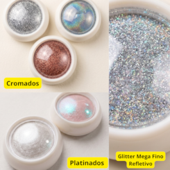 Kit 6 Pós Decorativos para Unhas: Cromado, Platinado e Glitter Refletivo Holográfico modelo: 242