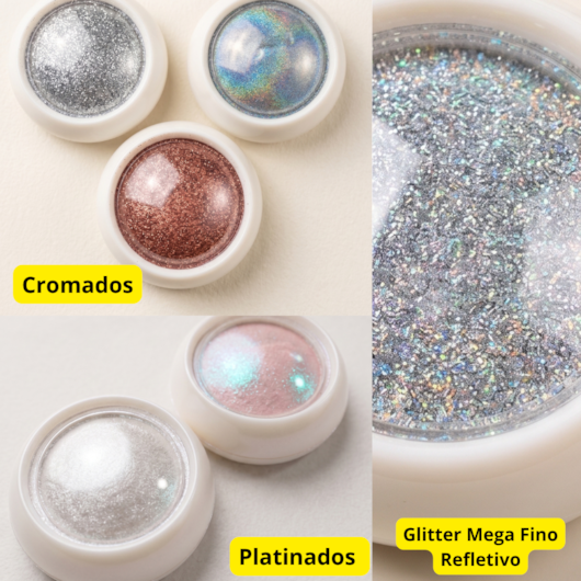 Kit 6 Pós Decorativos para Unhas: Cromado, Platinado e Glitter Refletivo Holográfico modelo: 242 para unhas