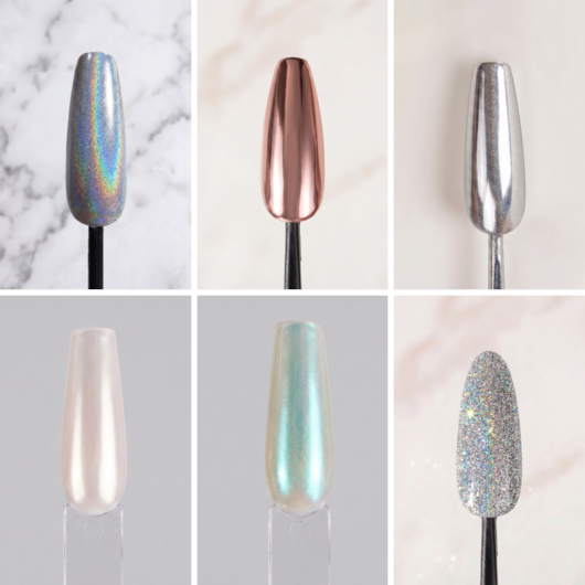 Kit 6 Pós Decorativos para Unhas: Cromado, Platinado e Glitter Refletivo Holográfico modelo: 242 para unhas