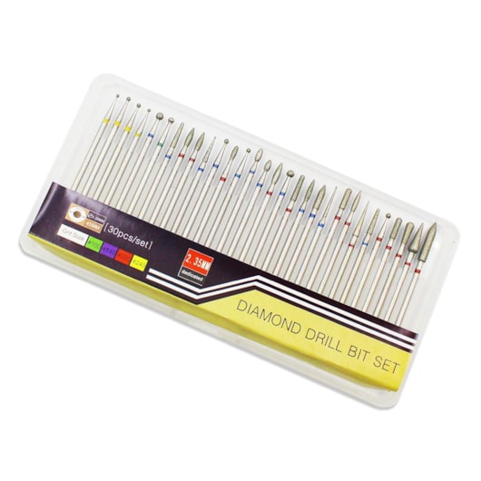Kit com 30 Brocas Diamantadas Extra Fina / Fina / Média para unhas