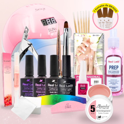 Kit Completo Alongamento Tips e Esmaltação Real Love com Cabine 48W + Esmalte Brinde