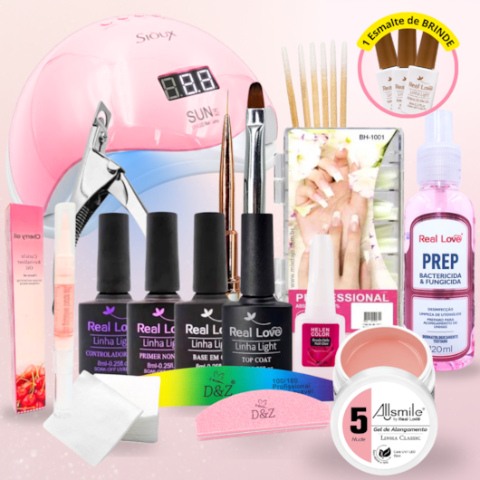 Kit Completo Alongamento Tips e Esmaltação Real Love com Cabine 48W + Esmalte Brinde para unhas