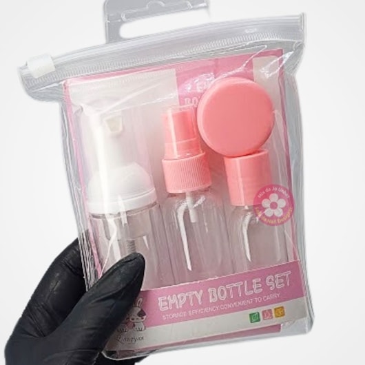 Kit de frascos para refil 4 Itens com Pump, pote, spray e dispenser para unhas