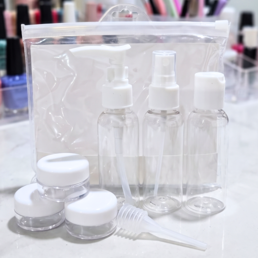 Kit de frascos para refil 6 Itens com spray pote dispenser e pipeta para unhas