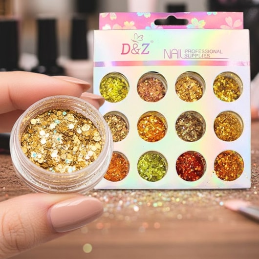 Kit de glitter dourado Mix com 12 potes para unhas