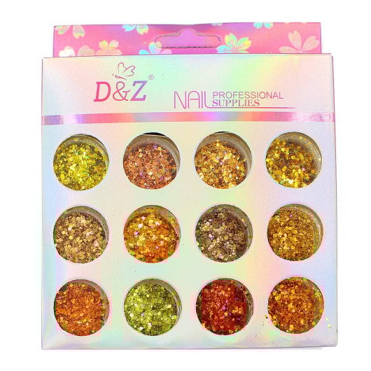 Kit de glitter dourado Mix com 12 potes para unhas