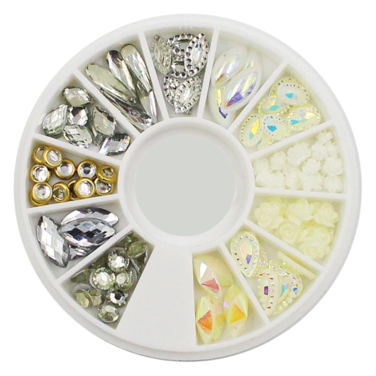 Kit de pedrarias Disco Centrais Branco e Cristal para unhas