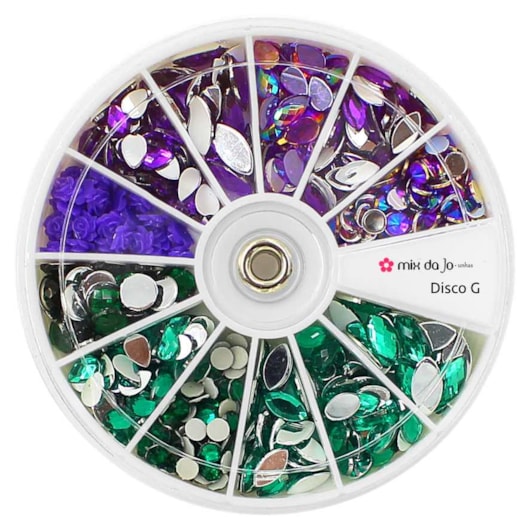 Kit de pedrarias disco grande cor roxo e verde para unhas