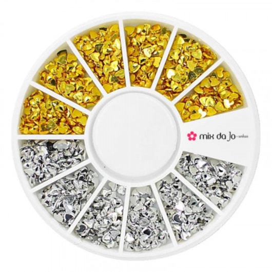 Kit de pedrarias disco Strass coração dourado e prateado para unhas