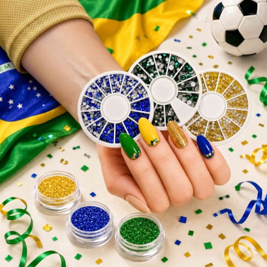 Kit de Strass e glitter Vermelho, Amarelo e Azul Copa do Mundo Brasil para unhas