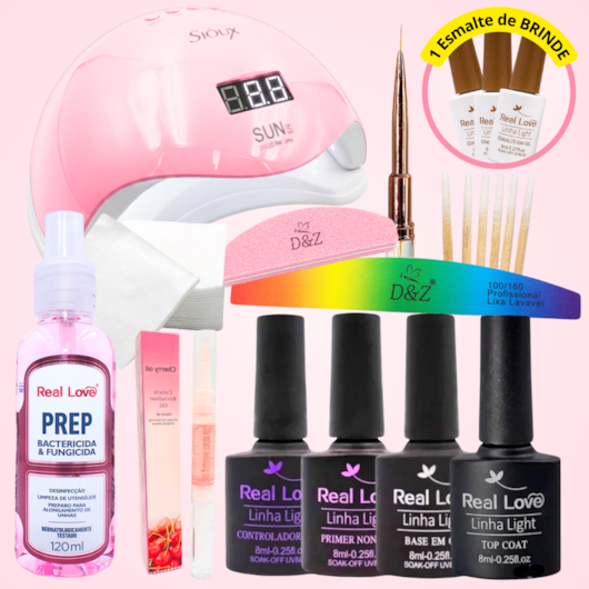 Kit Esmaltação em Gel Completo Real Love com Cabine 48W + Esmalte Brinde para unhas