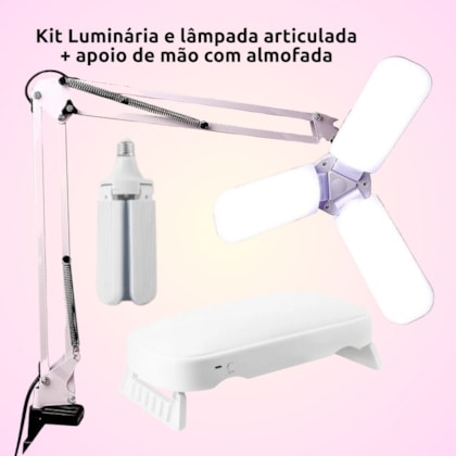 Kit Luminária Articulada De Mesa Com Gancho e lâmpada pétala com apoio de mesa