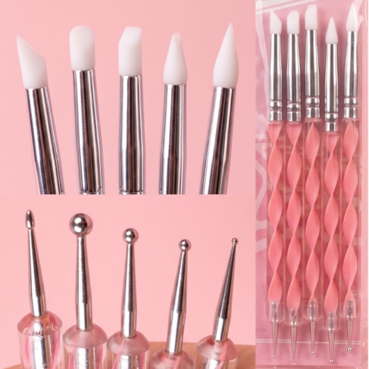 Kit Pincel de Silicone e Boleador Duplo para Unhas Dafu (5 Unidades) para unhas