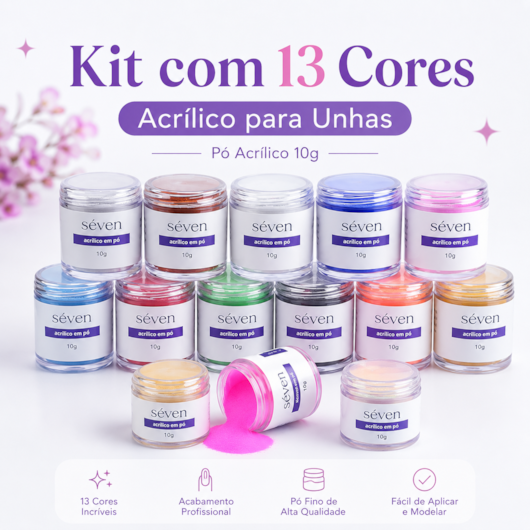 Kit Pó Acrílico Colorido Séven 13 Cores 130g para unhas