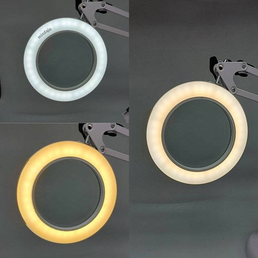 Luminária articulada de mesa branca com lupa - Imagem principal - eafcafe0-4993-441a-a0c7-7d8b58b9224e