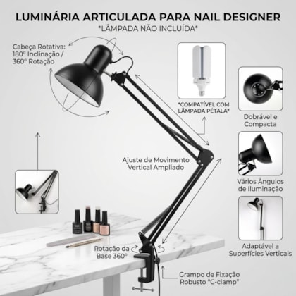 Luminária Articulada De Mesa Com Gancho