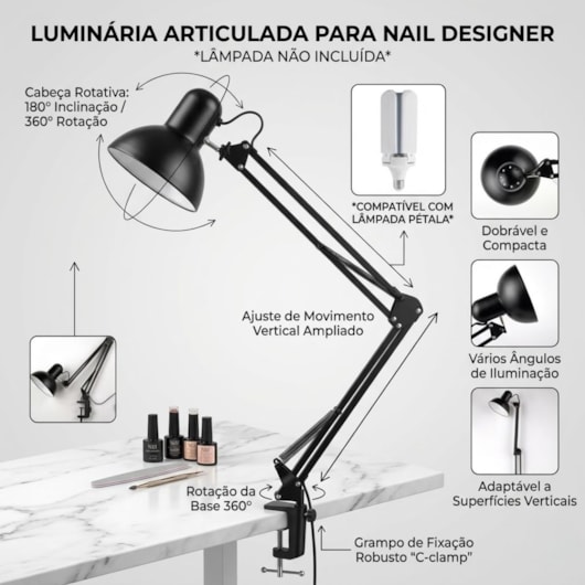 Luminária Articulada De Mesa Com Gancho para unhas