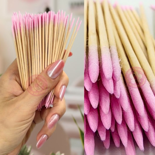 Palito longo com algodão ponta dupla para esmaltação 100un rosa para unhas