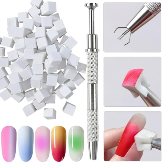 Pinça com esponjinha para decoração e pó cromado para unhas