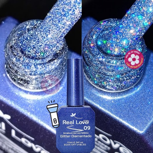 Ultra Refletivo Esmalte em gel  Azul Holográfico 10ml Real Love 09 para unhas