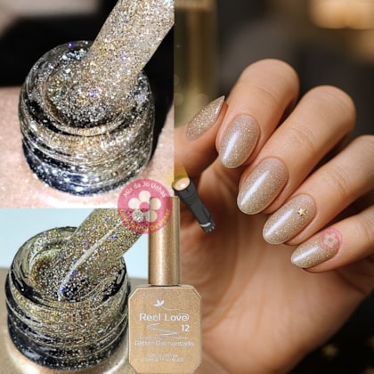 Ultra Refletivo Esmalte em gel Dourado holográfico 10ml Real Love 12