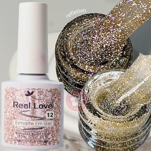 Ultra Refletivo Esmalte em gel Dourado holográfico 10ml Real Love 12 para unhas