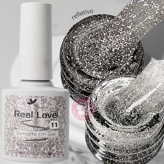 Ultra Refletivo Esmalte em gel  Prateado Holográfico 10ml Real Love 11 para unhas